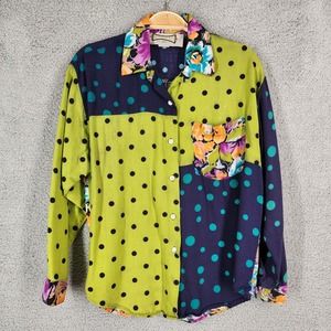 Hype‎ Vintage 80s Womens Medium Color Block Polka Dot Floral Rayon Button Shirt